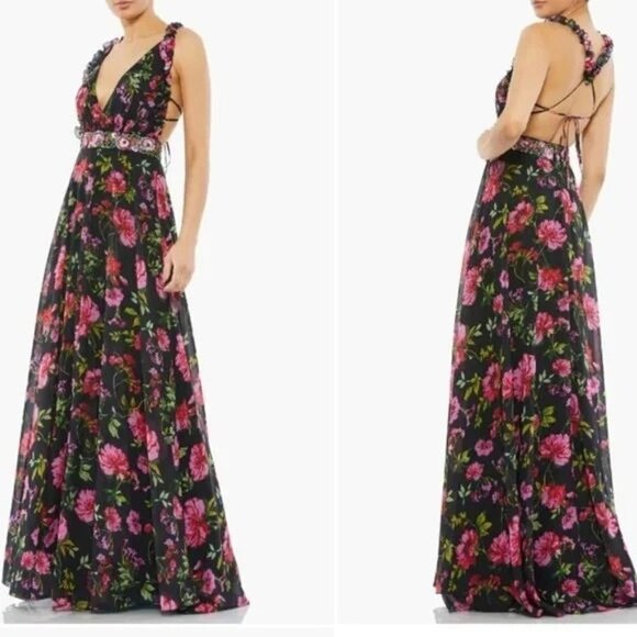 Mac Duggal Dresses & Skirts - Mac Duggal 9156 Floral Roses Beaded Waist Halter Neck Gown Dress Size 4 NWT